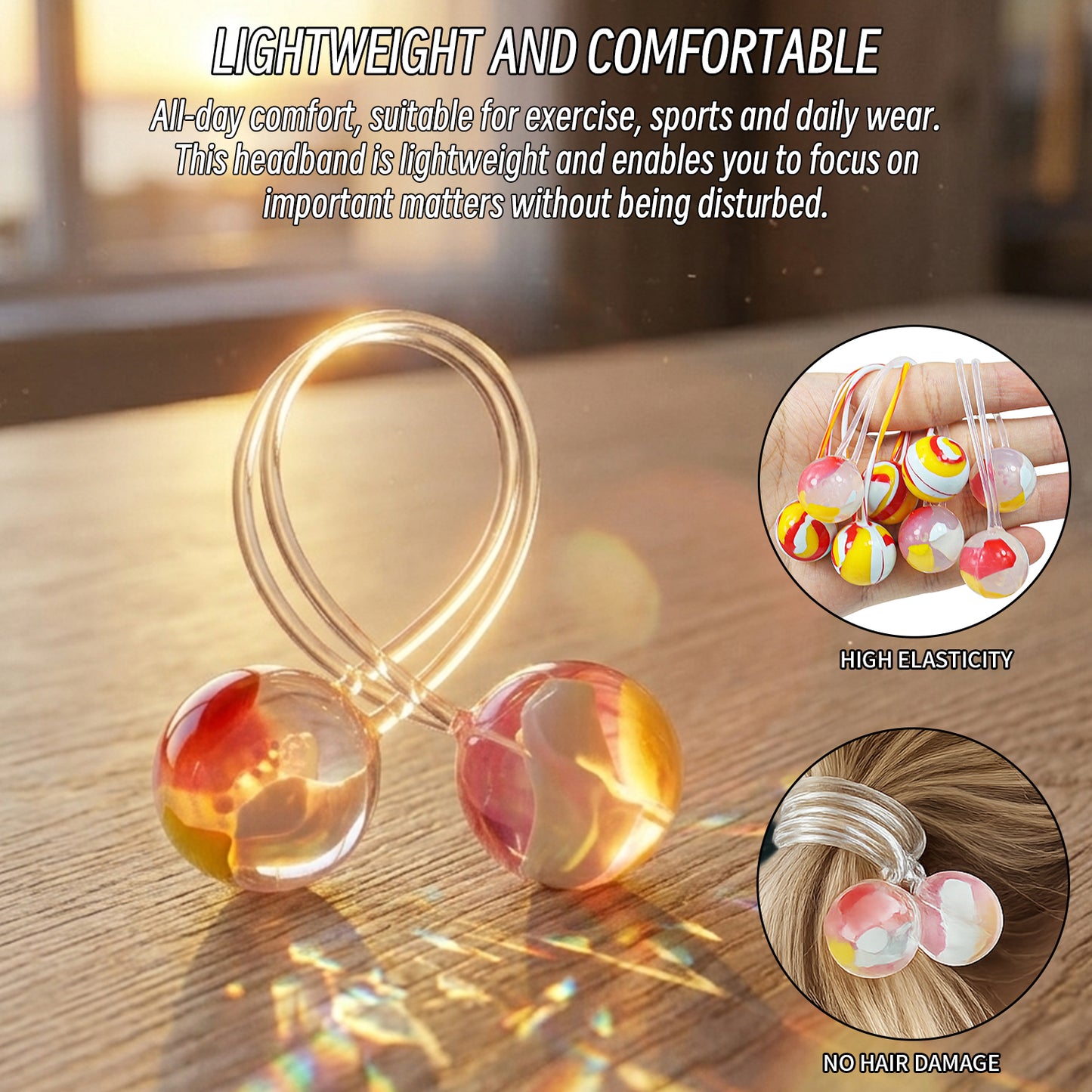 4 Pack All-Silicone Hair Ties for Women, No Damage Ouchless 100% Silicone Elastic Hair Bands with Double Spheres, Dopamine Marbled & Confetti Mix Ponytail Holders, Heavy Duty Ultra-Stretch Hair Ribbons
