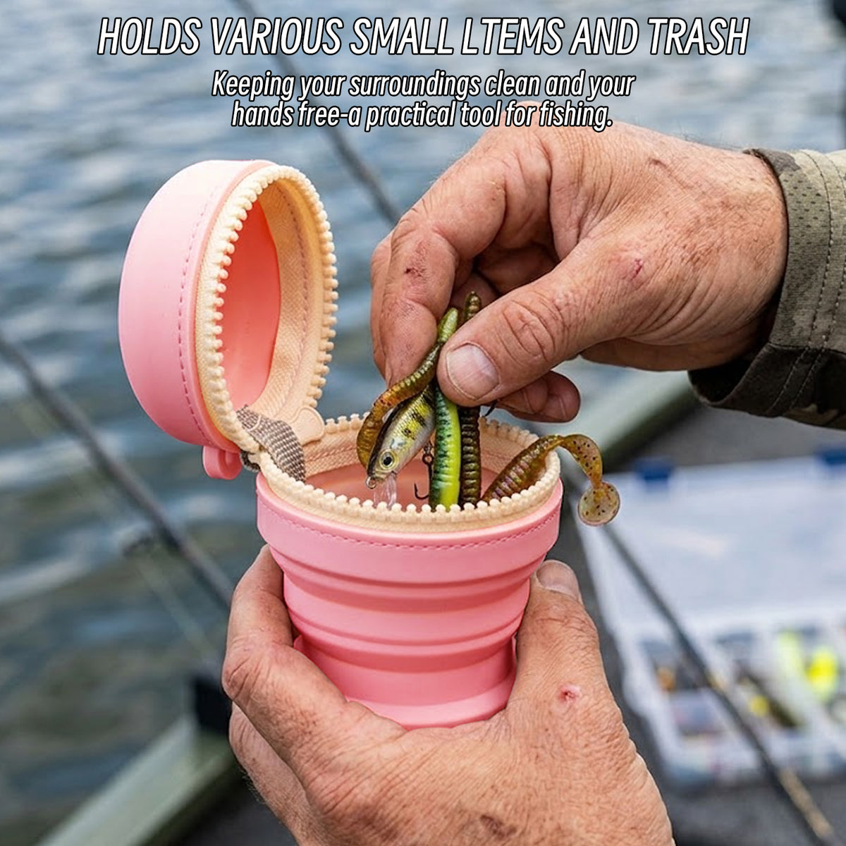 Foldable Silicone Outdoor Waste Pouch with Carabiner Clip, Portable Fishing Line Scrap and Small Trash Holder for Fishing, Hiking, Camping and Travel