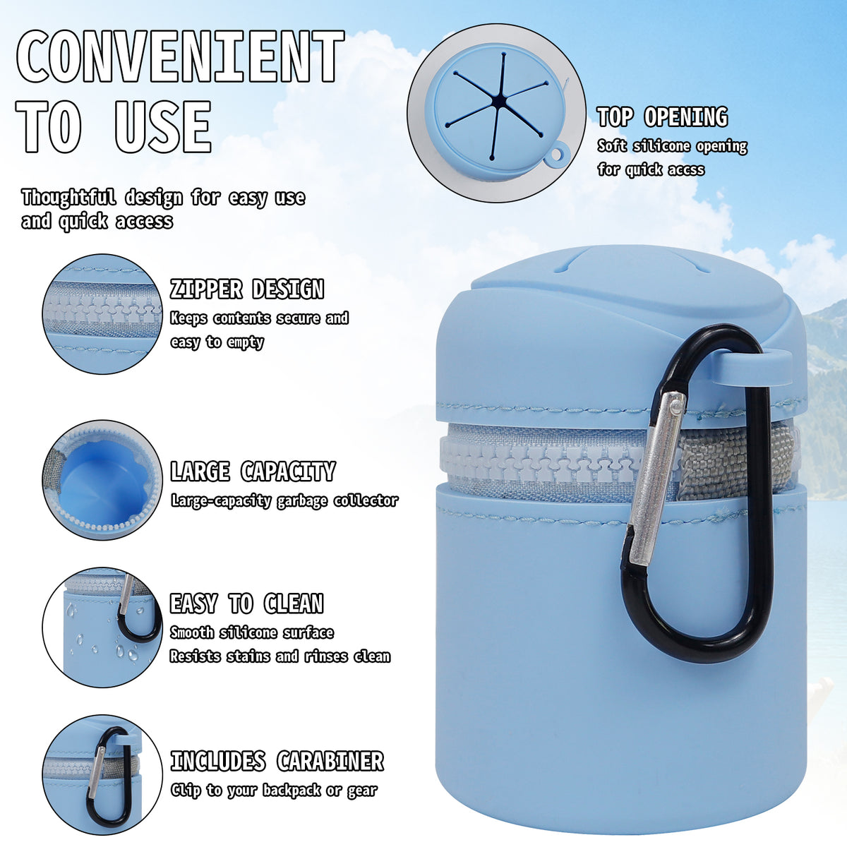 Silicone Outdoor Waste Pouch with Carabiner Clip, Portable Fishing Line Scrap and Small Trash Holder for Fishing, Hiking, Camping and Outdoor Activities