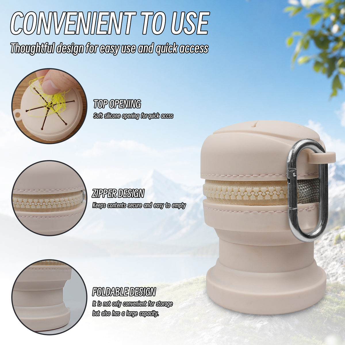 Foldable Silicone Outdoor Waste Pouch with Carabiner Clip, Portable Fishing Line Scrap and Small Trash Holder for Fishing, Hiking, Camping and Travel