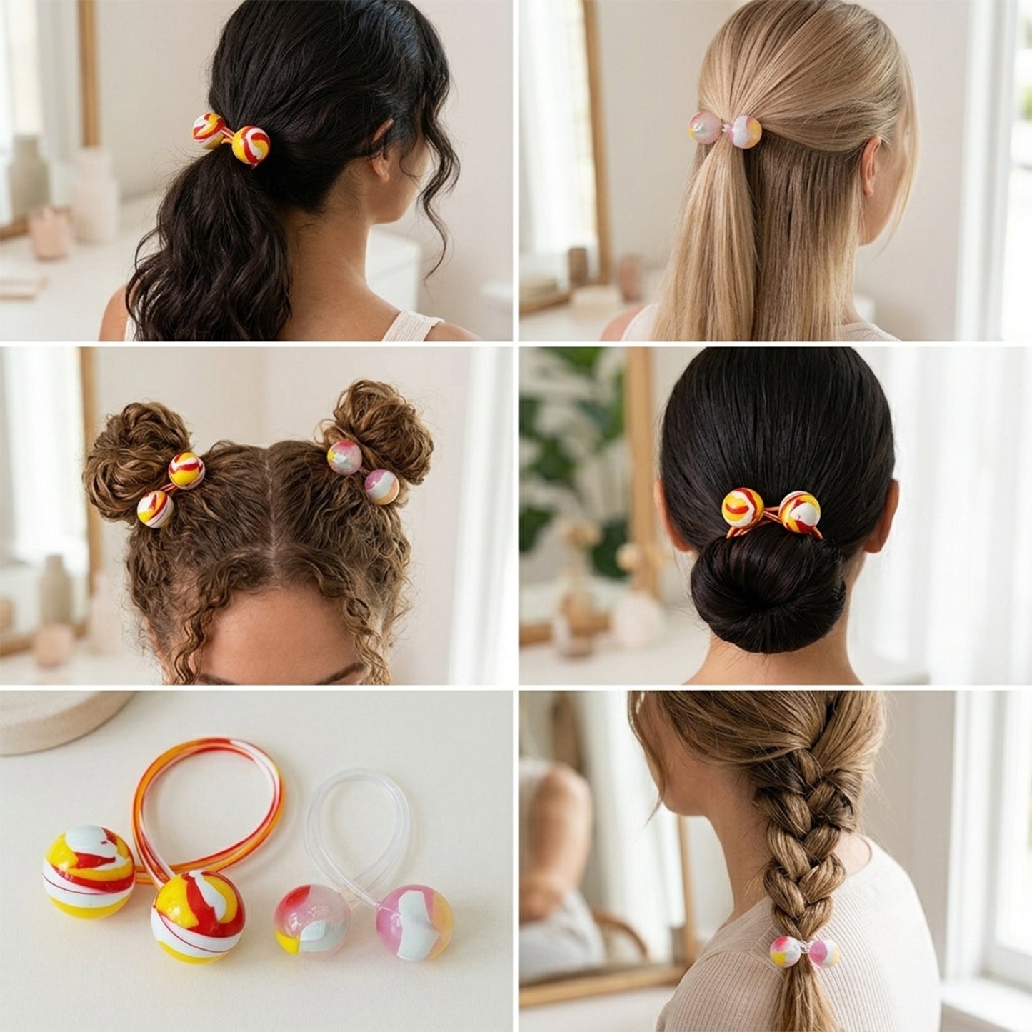 4 Pack All-Silicone Hair Ties for Women, No Damage Ouchless 100% Silicone Elastic Hair Bands with Double Spheres, Dopamine Marbled & Confetti Mix Ponytail Holders, Heavy Duty Ultra-Stretch Hair Ribbons
